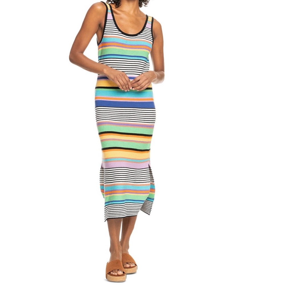 Roxy Sunshine Bouquet Striped Sleeveless Multi-Color Knit Midi Dress